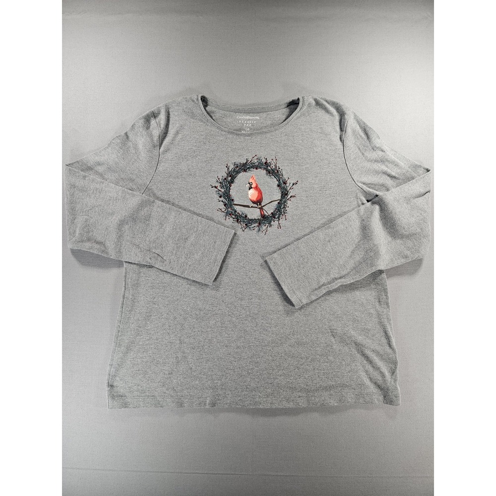 Croft & Barrow Womens Gray Cardinal Wreath Graphic Tee Shirt Size L Holiday
